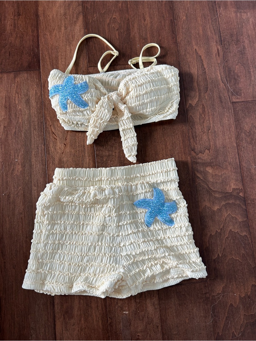 SHEIN Cream Smocked Two-Piece Swim Set with Blue Starfish